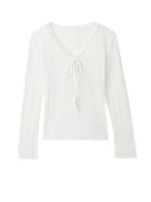 Korean Style Fashion White Inner Layer Long Sleeve T-Shirt, Autumn Textured V-Neck Lace Trim Slim Fit Flattering Top Casual - White - View 6