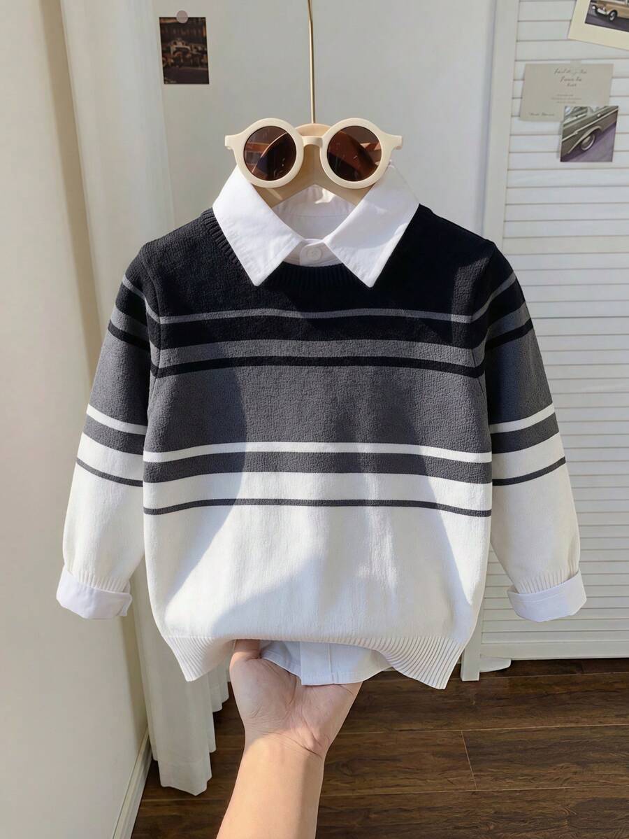 Boys' Preppy Style Color Block Striped Thin Knit Pullover Sweater, Suitable For School, Autumn/Winter - Black - View 1