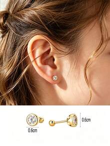 1 Pair 925 Sterling Silver Hypoallergenic Cubic Zirconia Stud Earrings, Cute And Playful Design, Sparkling Cubic Zirconia Inlaid, Spiral Ear Backs Secure Fit, Exquisite And Adorable, Gift Box Included, Suitable For Daily Or Holiday Wear, Gift For Girls, Gift For Girl, Gift For Friends, Gift For Back To School, Holiday Gift - one-size - View 6