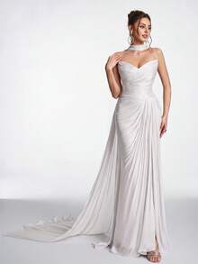 Anymoon Women's Solid Color Pleated Elegant Luxurious Evening Gown Wedding - White - View 6