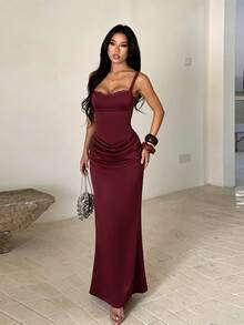 1pc Solid Color Elegant Sexy Casual Knit Fabric Lace Patchwork Dress For Party, Formal Evening, Wedding, Summer - Burgundy - View 2