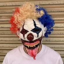 1pc Full‑Face Clown Mask With Red Beige Blue Curly Wig, Latex Costume Mask For Halloween Cosplay, Masquerade, Escape Room, Themed Party Role‑Play Dress‑Up Props - A - View 13