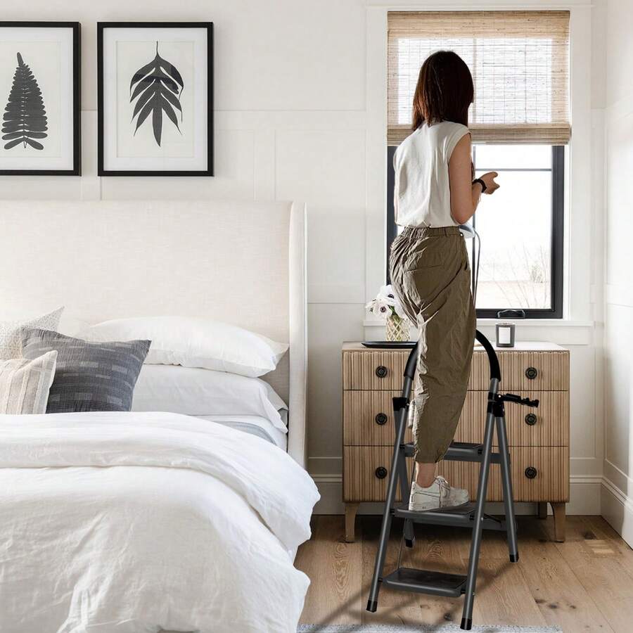 3/4 Step Ladder With Work Platform, Load 150 Kg Folding Step Ladder, Large Non-Slip Folding Step, Steel Step Stool Adult Foot - 3-step Black - View 1