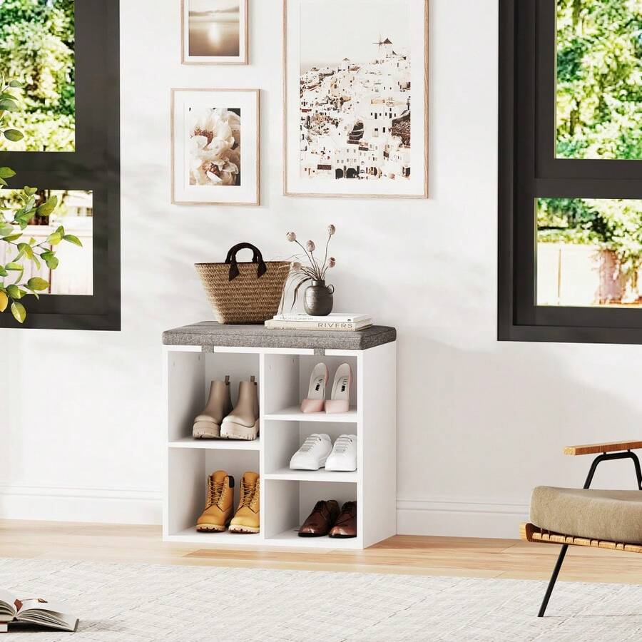 Techigher Shoe Storage Bench With Cushion, Shoe Rack Organiser, Hallway Storage Bench With Padded Seat & Adjustable Shelves, Compact Shoe Cabinet For Entryway, Bedroom, Living Room - White 51*30.5*53 - View 1