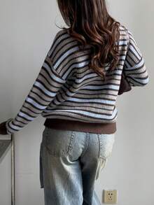 Cardigan de punto acanalado a rayas con botones delanteros para mujer - Óxido marrón - Ver 4