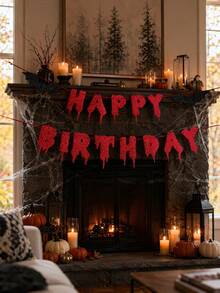 Red Glitter Happy Birthday Halloween Banner, Halloween Decoration - Halloween Hanging Paper Garland Triangular Flag Blood-Colored Bat Vampire Decor, Wall Home Fireplace Office Wall Photo Backdrop, Horror Party Supplies, Halloween Gift, Party Decoration, DIY Hanging Decor - A - View 4