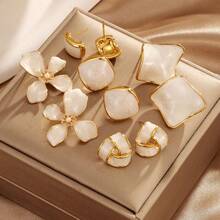 10 buah Anting-anting Koleksi Putih dengan Lapisan Enamel Tetes, Motif Bunga Segar Terbaru untuk Wanita - Emas - View 3