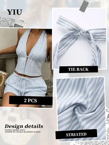 YIU 女款 2 件套，美國日穿搭，性感掛脖綁帶上衣與短褲，波希米亞風 - 藍白色 - 查看 4
