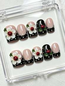 10 piezas de uñas postizas cortas cuadradas reutilizables, estilo Y2K, personalizadas, pintadas a mano, con lunares blanco y negro, diseño francés, flores 3D, mariquita roja y hoja verde, decoración de dibujos animados lindos, acabado brillante - Multicolor - Ver 3