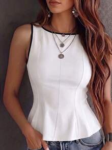 1pc Solid Color Knit Fabric Ruffle Trim Casual Top, Summer - White and Black - View 3