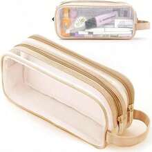 1pc/2pcs Large Mesh Transparent Pencil Case With 2-Layer Compartment Design, Clear Visible Thickened Mesh Material, Multi-Function Stationery Storage Bag, Back To School Season University Dorm Office Travel Student Unisex Essential Stationery Pouch - Multicolor - View 12