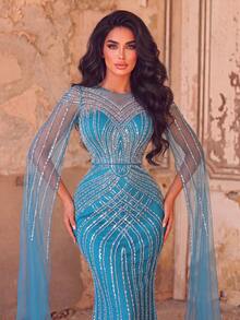 Elegant Women's Sequin Mermaid Formal Gown, Round Neck Design, Exquisite Cape Sleeves, Suitable For Balls And Evening Events - Blue - View 7