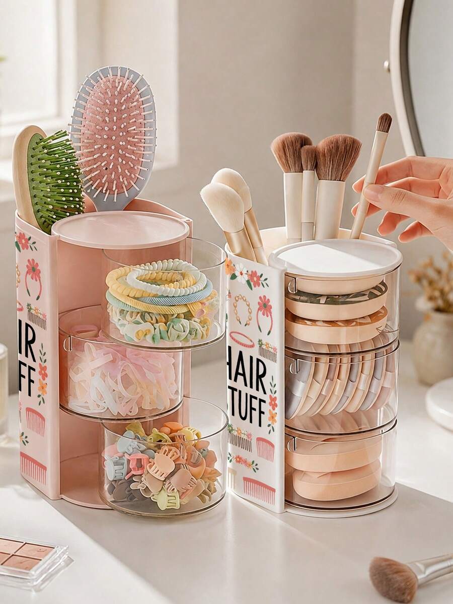 「HAIR STUFF」髮飾圖案多功能旋轉桌面收納盒,分格收納設計,方便存放女童髮飾、髮圈、珠寶、DIY手工材料與小工具,適合整理項鍊、耳環、手鍊、戒指、化妝刷、髮夾及各種配件 - 彩色 - 查看 1