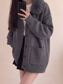 Jaket Kardigan Rajut Longgar Kasual Elegan Musim Gugur/Dingin untuk Wanita - Grey - View 3