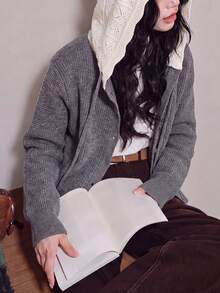Women's Autumn/Winter Casual Elegant Colorblock Hat Design Sweater Cardigan Jacket - Grey - View 3