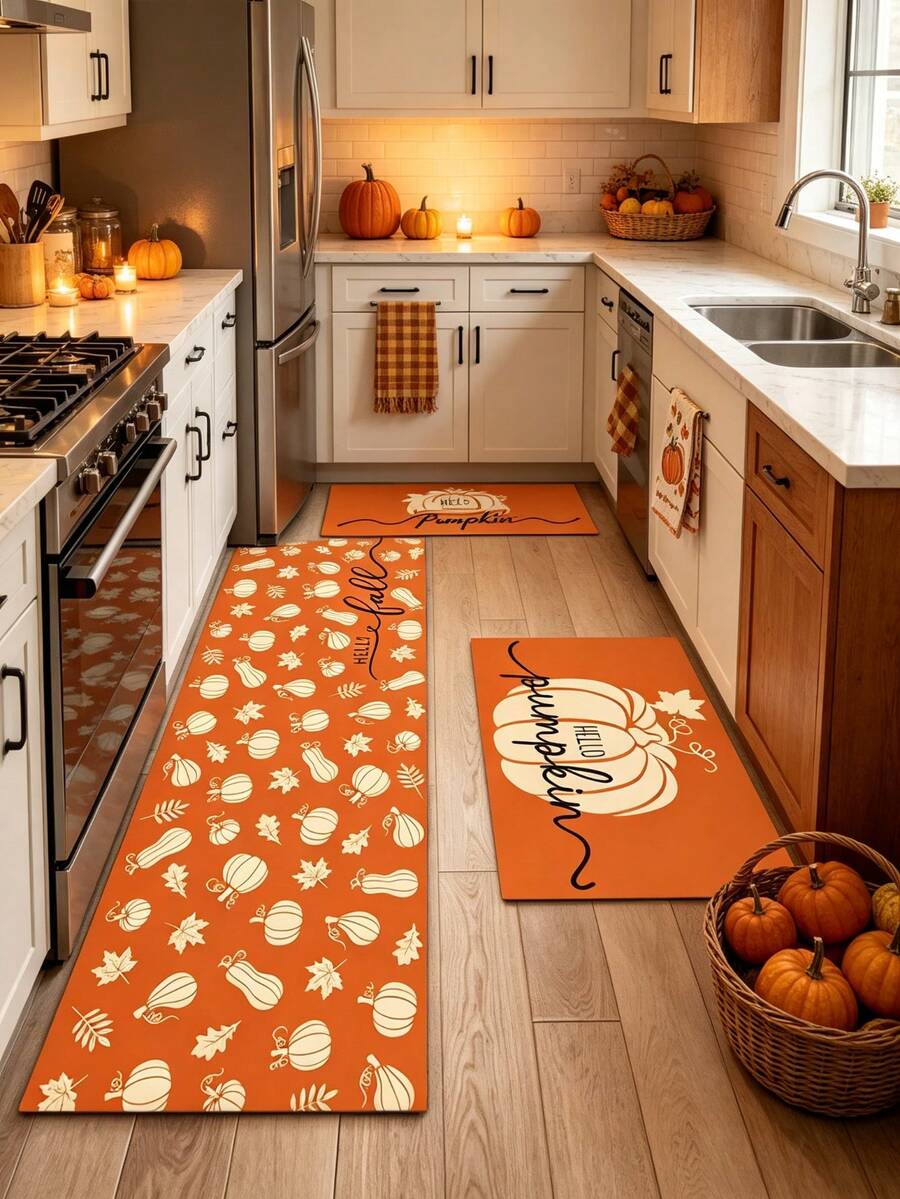 1/2 piezas Alfombra de cocina con calabaza de otoño y Acción de Gracias, alfombra y tapete de cocina de otoño, accesorio de cocina antideslizante, lavable y absorbente, regalo para las fiestas de Acción de Gracias! - Multicolor - Ver 1