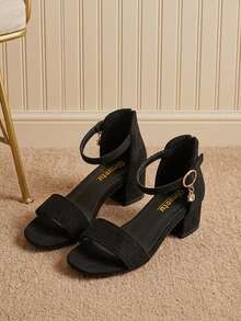 Girls' Black Single Strap Rhinestone Pendant Hook And Loop Thick Heel Sandals, Minimalist Open Toe Kids Shoes, Suitable For Spring/Summer Dresses And Casual Outfits - Black - View 2