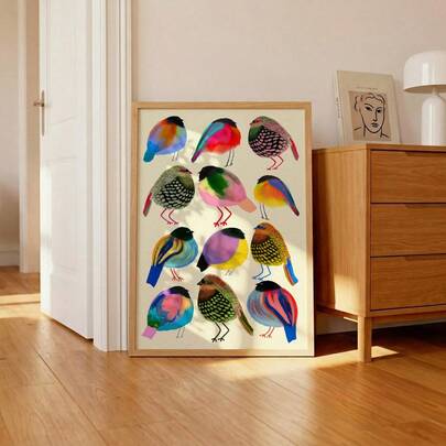 1pc Maximalist Colorful Birds Wall Art Picture Quirky Fat Birds Canvas Print Painting|Retro Eclectic Room Decor For Nursery,Bedroom,Living Room Or Office,Cute Bird Poster,Aesthetic Animal Home Decor,Gift For Her,Unframed/Hanging Poster/Framed