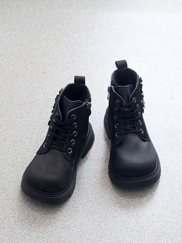 1 Pair Girls' Floral Decor Side Zipper Lace-Up Design Sweet Princess Style Outdoor Daily Fashion Boots - Black - View 6