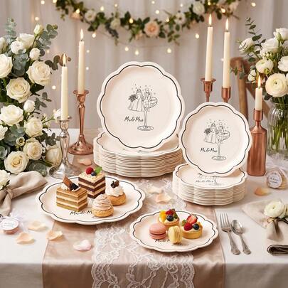 10/20/50pcs Beige Mr & Mrs Wedding Disposable Scalloped Paper Plates, Cream Scalloped Paper Plates With Bride & Groom Line Art Pattern, Bride & Groom Sketch Decoration, 7-Inch And 9-Inch Dessert & Dinner Plates, Suitable For Wedding Reception, Bridal Shower Table Decor