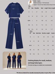 Women's 2 Pieces Casual Outfit, Comfortable Solid Color Short Sleeve Top Paired With Elastic Waist Pocket Pants, Soft Polyester-Spandex Fabric, Spring/Summer Elegant - Blue - View 11