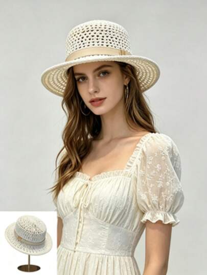Women's Summer Straw Wide Brim Sun Hat With Belt Design, Beach Hat, Lightweight Hollow Breathable Fashion Hat, Captain Hat Style, Breathable And Lightweight, Suitable For Beach, Travel, Vacation And Daily Wear
