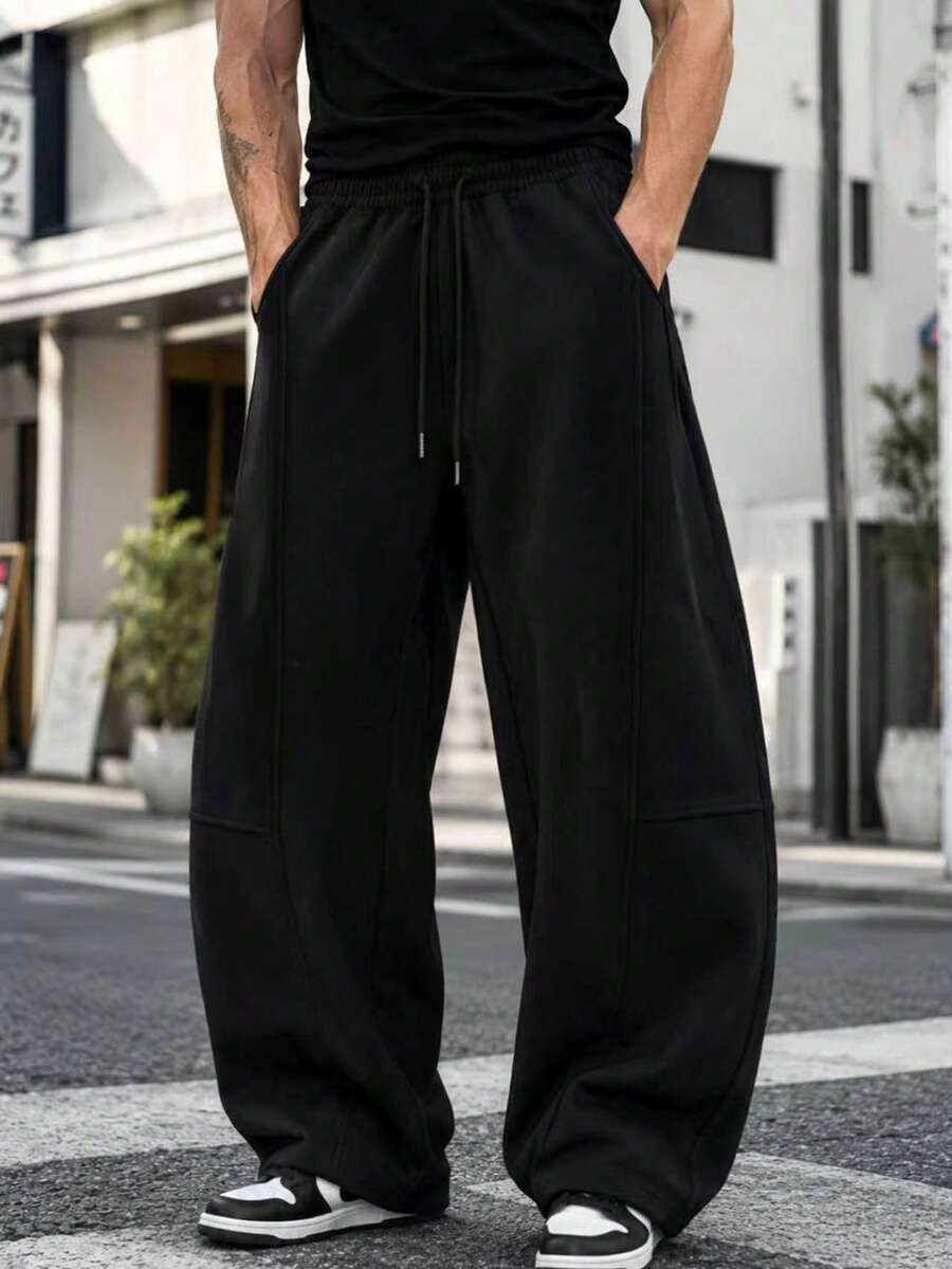 Men's Loose Fit Drawstring Waist Bucket Style Casual Sports Pants, Autumn - Black - View 1