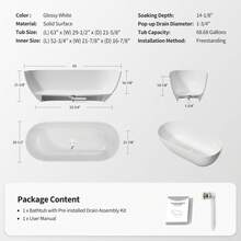 63" Freestanding Solid Surface Bathtub, Luxury Engineered Stone Resin Freestanding Soaking Bathtub With Overflow And Pop-Up Drain For Contemporary Bathroom, Glossy White TH-25S03-63GW - Glossy White - View 3