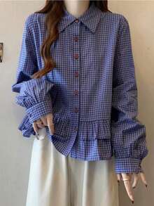 Women's Blue Plaid Shirt, Sweet Ruffle Long Sleeve Korean Style Casual Blouse - Blue - View 1