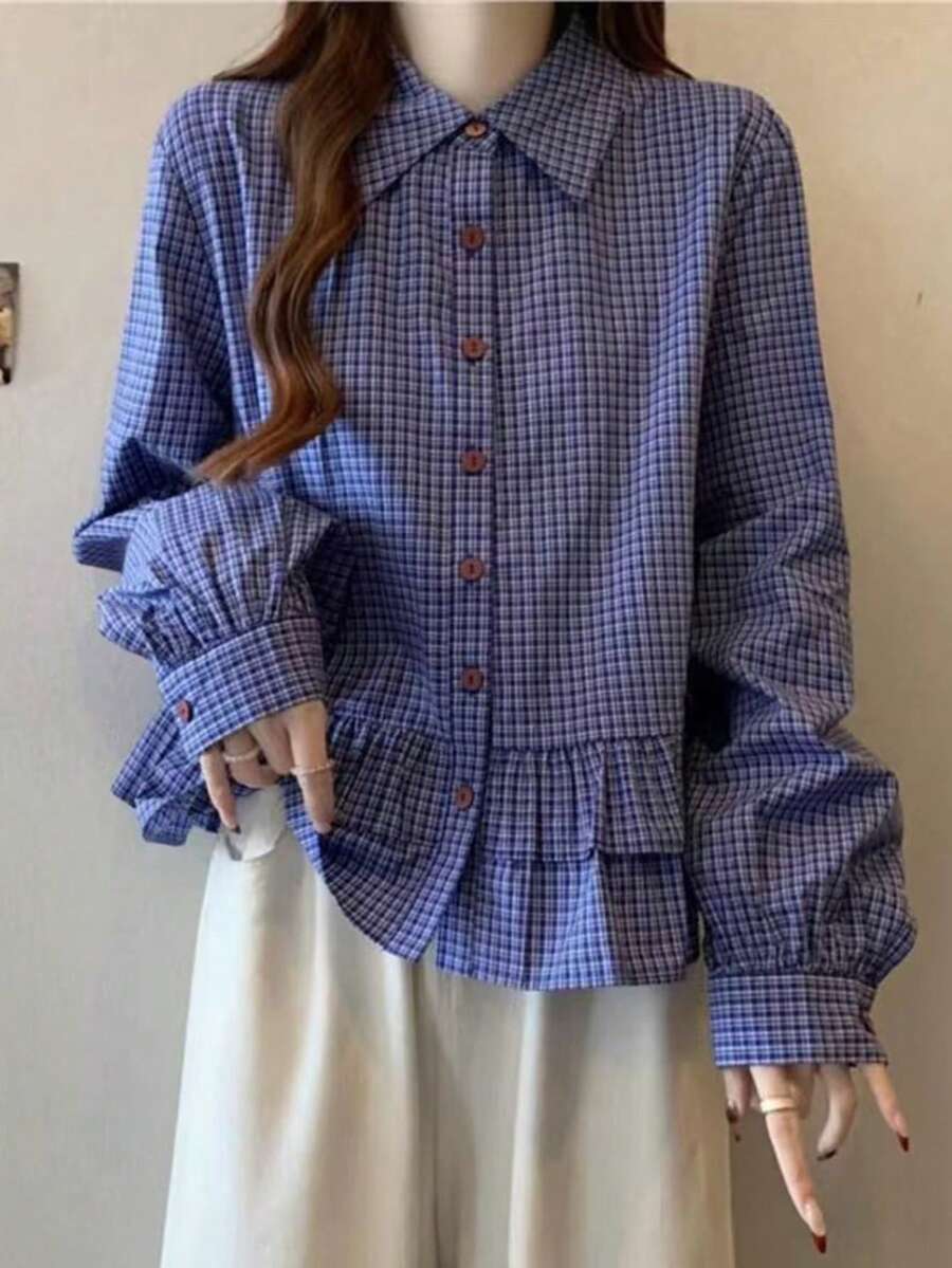Women's Blue Plaid Shirt, Sweet Ruffle Long Sleeve Korean Style Casual Blouse - Blue - View 1
