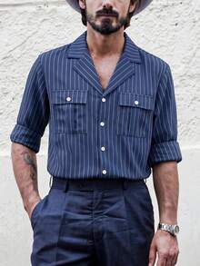GOLDRED American Vintage Old Money Style Blue Striped Cuban Collar Shirt Men's Double Pocket Workwear Commute Casual Thin Long Sleeve Shirt - Blue - View 3