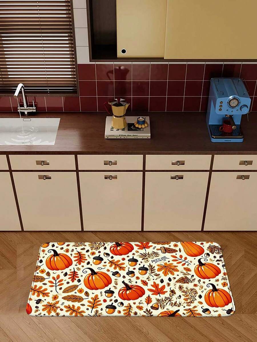 1pc Halloween Autumn Pine Cone Pumpkin Maple Leaf Pattern Kitchen Mat, Faux Cashmere Soft Touch Absorbent Home Entryway Rug, Easy To Clean Washable Area Rug, Kitchen Runner Rug, Suitable For Kitchen, Bathroom, Entryway, Laundry Room, Hallway, Bedroom, Living Room Decor, All Season, Holiday Gift - View 1