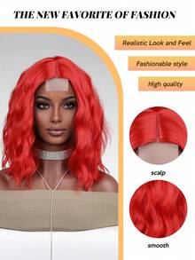 FIVE STARS 4*1 Handmade Wavy Bob Lace Front Full Wig, 14 Inch, Heat-Resistant Synthetic Fiber, Bright Red, Soft Fluffy Waves, Fashionable Style, Suitable For Daily Wear, Festivals, Halloween, Christmas And Portrait Photography - Multicolor - View 9