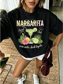 Women's Oversized Graphic Print T-Shirt, Summer Top For Women, Margarita Social Club, Tropical Cocktail Print, Casual, Loose, Round Neck, Hands - Pink - View 6