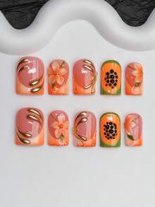 Uñas postizas cuadradas hechas a mano estilo Y2K Hot Girl, nude, naranja, verde con puntas francesas, diseño floral, papaya, elemento de metal líquido asimétrico, uñas postizas puramente hechas a mano, adecuadas para mujeres y niñas, puntas de uñas brillantes, 10 piezas/3 tamaños, adecuadas para fiestas, baile, uso diario, incluye kit de herramientas, se puede regalar a mujeres y niñas. - Multicolor - Ver 2