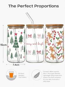 1 pièce Tasse en verre transparent avec couvercle en bambou et paille en verre, 3 motifs floraux de Noël, bonhomme en pain d'épices des fêtes, canne de bonbon, sapin de Noël, imprimé nœud, tasse à boire réutilisable scellée pour café glacé, cadeau de fête de Noël pour la maison en hiver - Multicolore - Voir 11