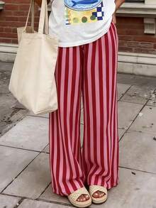 Plus Size Women's Casual Striped Loose Long Pants, Lightweight Comfortable Elegant Bohemian Style, Suitable For Spring Summer Autumn Vacation, Pink - Pink - View 1