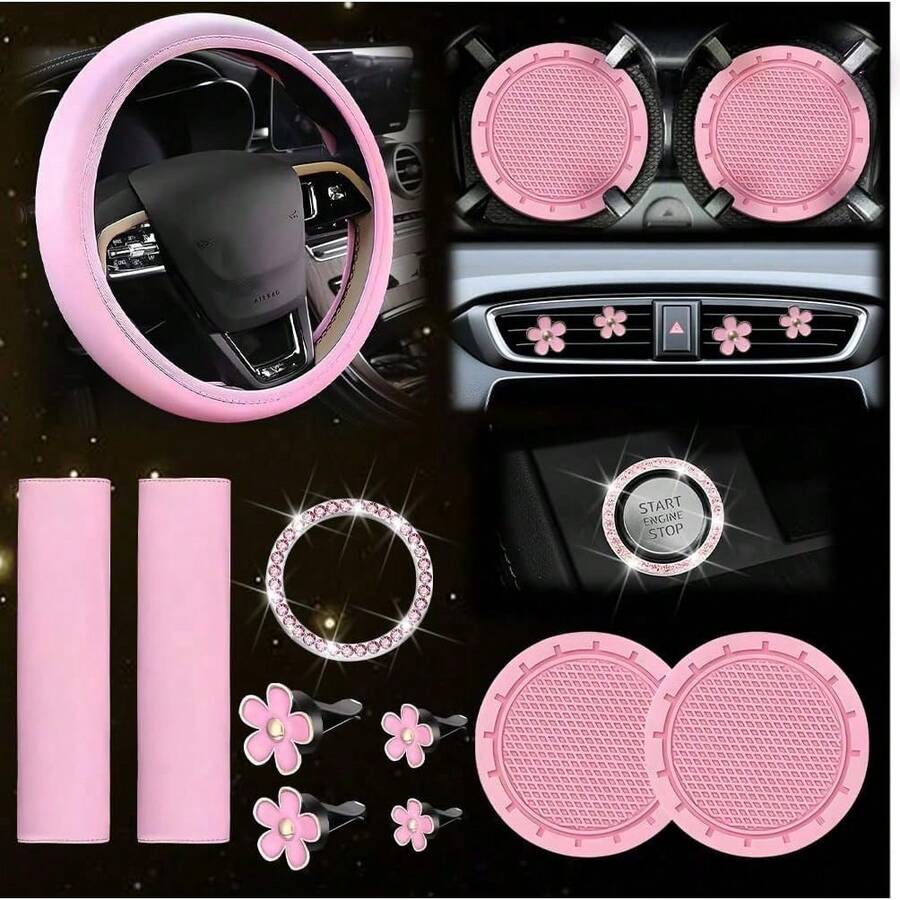 Damen Echtes Leder Lenkradbezug 10-teiliges Set 14,5-15 Zoll Auto Zubehör mit Sicherheitsgurt Schulterpolstern, Sicherheitsgurtbezug Becherhalter, Startknopf Ring Aufkleber - Verschiedenfarbig - Übersicht 1