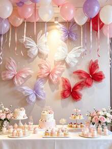 1pc 50cm Silk Artificial Butterfly, 3D Double Layer Mesh Wing Design, Rainbow Organza Pearl Butterfly Decor, Suitable For Birthday Party Decoration, Wedding Decoration, Large Mesh Artificial Butterfly, Store Window Display, Party Background Decoration - Multicolor - View 5