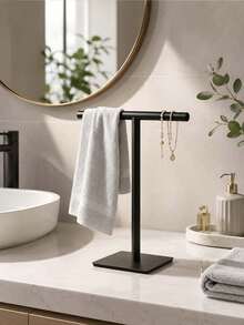 1pc T-Shaped Desktop Towel Rack, Drill-Free Standing Metal Hand Towel Holder, Bathroom Vanity Kitchen Countertop Small Towel Storage, Matte Black/Silver Dual Color Options Desktop Towel Rack, Jewelry Storage Rack, Bathroom Towel Bar, Countertop T-Shaped Toilet Paper Holder, Storage Rack - Multicolor - View 2