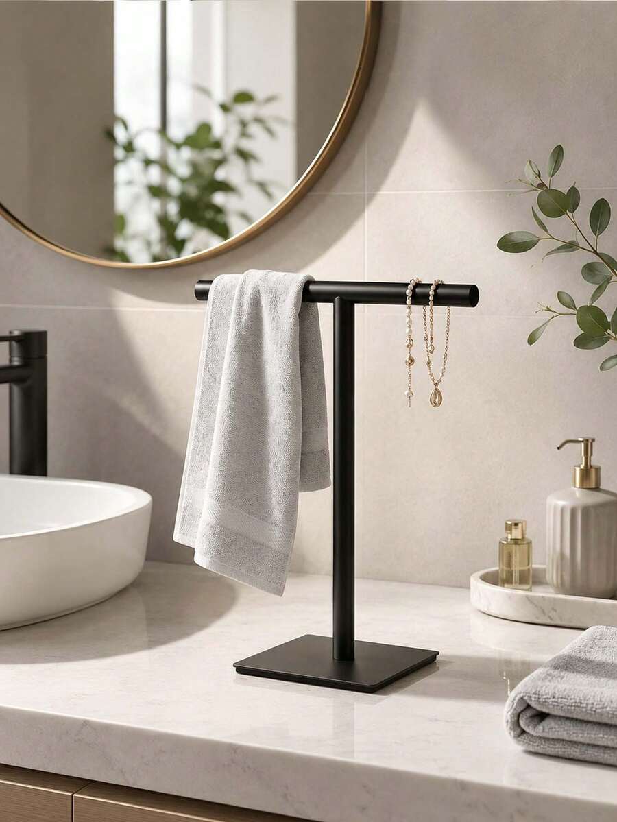 1pc T-Shaped Desktop Towel Rack, Drill-Free Standing Metal Hand Towel Holder, Bathroom Vanity Kitchen Countertop Small Towel Storage, Matte Black/Silver Dual Color Options Desktop Towel Rack, Jewelry Storage Rack, Bathroom Towel Bar, Countertop T-Shaped Toilet Paper Holder, Storage Rack