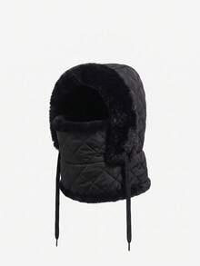 1pc Quilted Diamond Pattern Faux Fur Trim 3-In-1 Hat, Face Mask, Neck Warmer, Ear Flaps, Unisex Outdoor Cycling Skiing Cold Weather Protection Trapper Hat - Solid Color - View 12