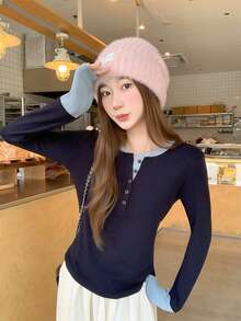 New Women's Spring/Autumn Colorblock 2 In 1 Square Shoulder Long Sleeve Fitted Base Layer T-Shirt Top - Royal Blue - View 4