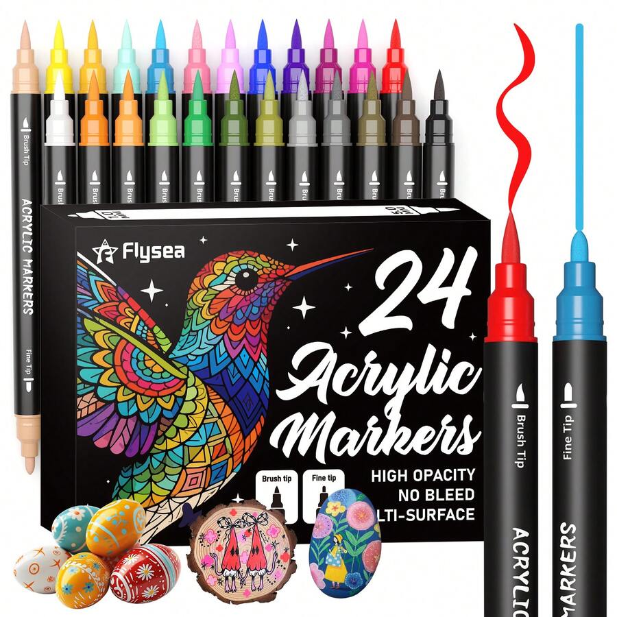 Flysea 36/24 Colores Marcadores de Pintura Acrílica - Punta Doble, Marcadores Coloridos, Juego de Marcadores para Colorear, Secado Rápido, Resistente a la Decoloración, Perfecto para Pintar, Garabatear, Ilustración, Artesanía, Temporada de Regreso a la Escuela para Libros para Colorear y Otros Proyectos DIY, Adecuado para Papel, Tela, Lienzo, Madera, Piedra, Plástico, Vidrio, Cerámica, Calabaza, Metal, Etc., Suministros de Regalo para Pascua, Acción de Gracias, Halloween, Navidad - Multicolor - Ver 1