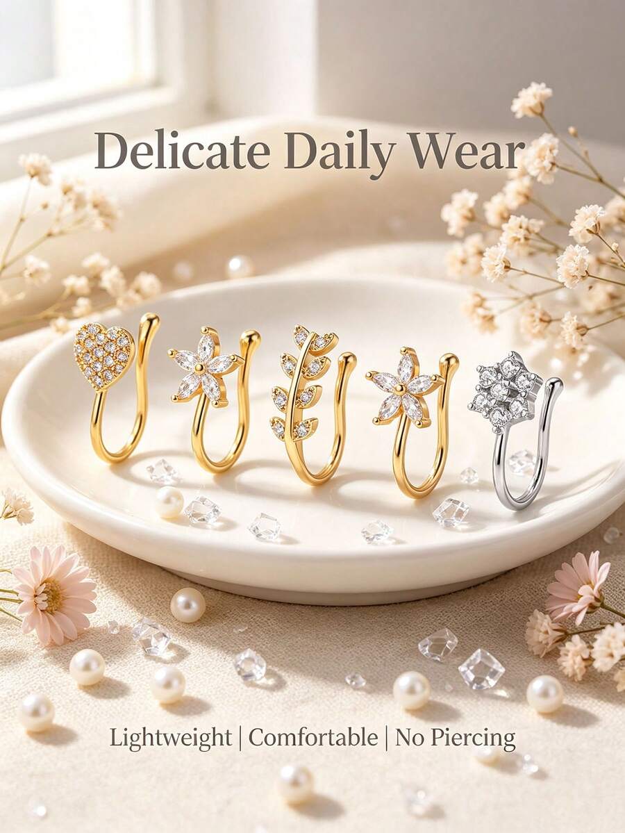1pc Rhinestone Flower Heart Non-Pierced Nose Clip Nose Ring, Fashionable Elegant Piercing Jewelry For Women - Multicolor - View 1