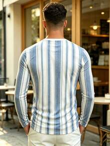 Men's Round Neck Long Sleeve T-Shirt, Fashion Striped Print Top, Young Handsome Versatile All-Match Style, New Autumn Arrival - Multicolor - View 2