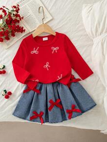 Autumn/Winter Cute Red American Style Bow Long Sleeve Round Neck Top & Ribbon Bow Denim Pleated Skirt Commuter Chic Set - Red - View 1