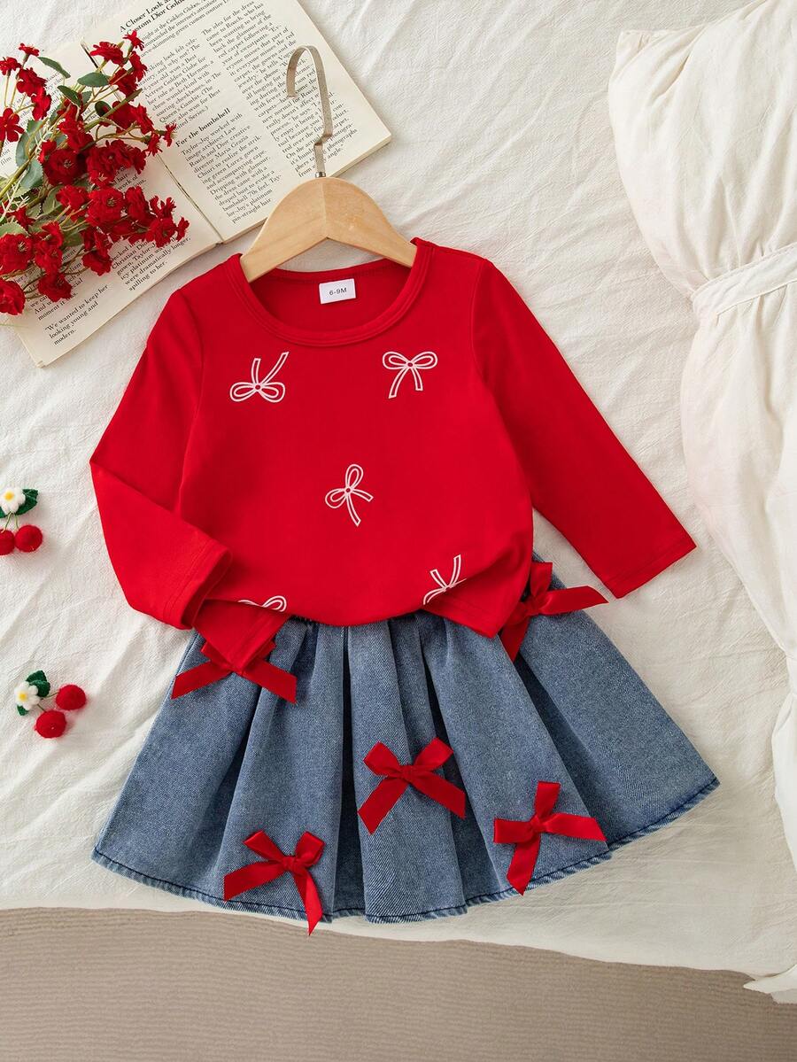 Autumn/Winter Cute Red American Style Bow Long Sleeve Round Neck Top & Ribbon Bow Denim Pleated Skirt Commuter Chic Set - Red - View 1