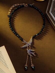 Vintage Double Swallow Lively Tassel Design Unique Niche Versatile Elegant Luxury High-End Fashion Jewelry Necklace And Earrings, A High-End Gift For Valentine's Day And Mother's Day, Suitable For Daily Wear, Parties, Banquets And Other Celebrations - Multicolor - View 8