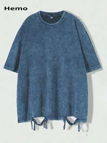 Camiseta de manga corta con cuello redondo, asimétrica y con flecos, de estilo vintage lavada - Azul - Ver 2